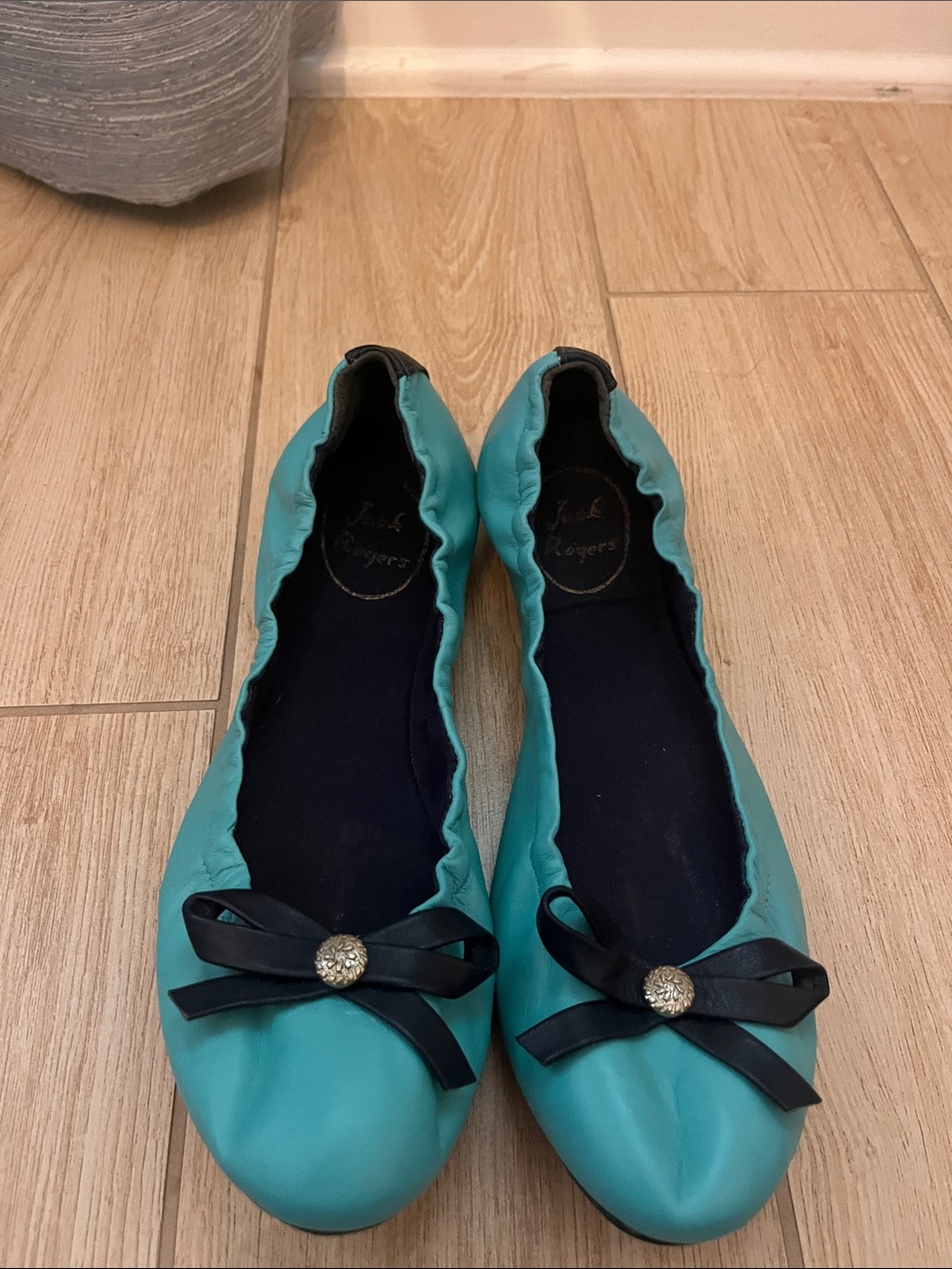 Jack Rogers Turquoise Ballet Flats with Black Bow and Jewel